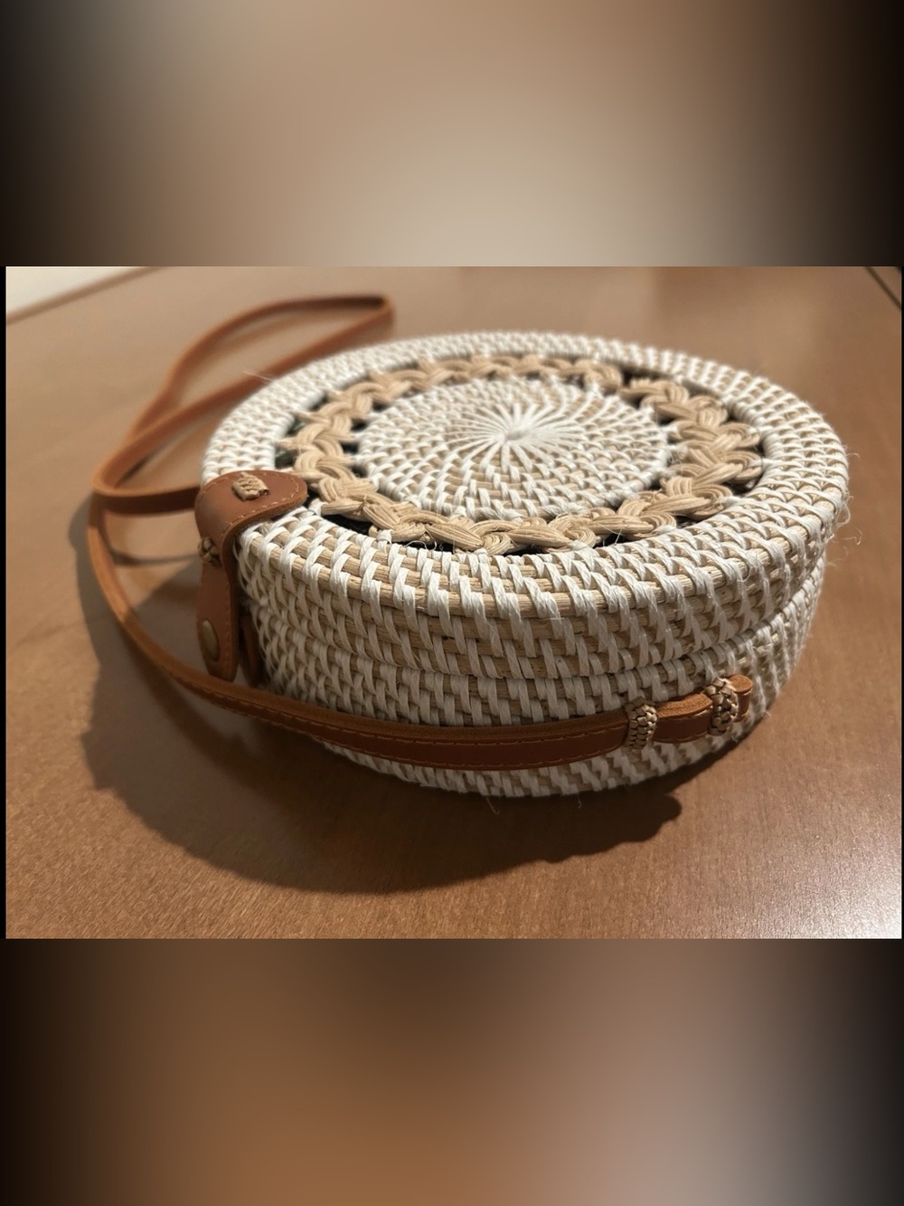 Round Woven Crossbody Bag in Cream and Tan - Picture 2 of 10